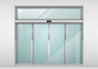 Double sliding glass doors with automatic motion sensor. Entrance to the office, train station, supermarket.
