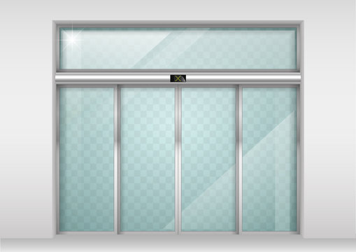 Double Sliding Glass Doors With Automatic Motion Sensor. Entrance To The Office, Train Station, Supermarket.