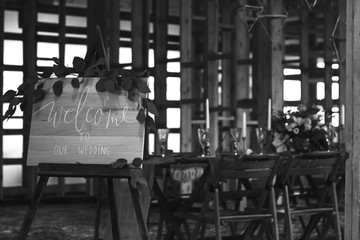 Wedding banquet in the barn. Vintage Style.