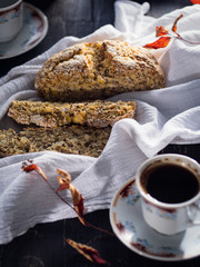 cup of black coffee, grain bread