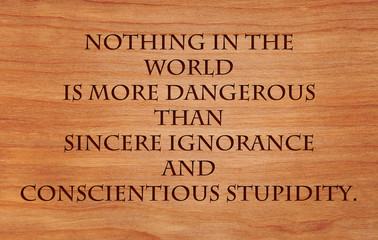 Nothing in the world is more dangerous than sincere ignorance and conscientious stupidity - quote on wooden red oak background - obrazy, fototapety, plakaty