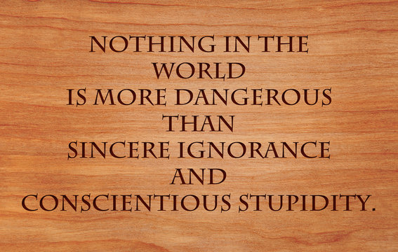 Nothing in the world is more dangerous than sincere ignorance and conscientious stupidity - quote on wooden red oak background