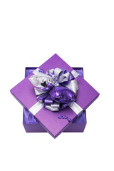 Gift purple box with silver ribbon and heart shaped balloon, iso
