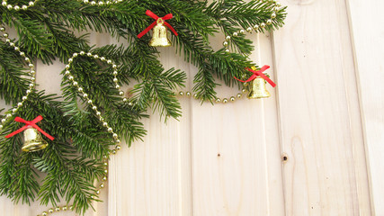 Fototapeta na wymiar New Year, Christmas, holiday, background, winter, bell, decoration, board, wood, natural, natural, green