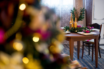 Christmas interior in purple and gold colors