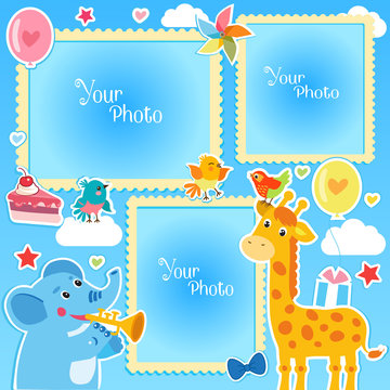 Photo Frames Collage. Photo Frames Making At Home. Birthday Photo Frames With Giraffe And Elephant. Decorative Template For Baby, Family Or Memories. Birthday Children's Photo Framework.