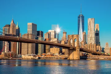 Wall murals Brooklyn Bridge Famous Skyline of downtown New York City at early morning light