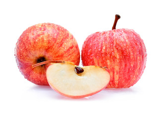 gala apples with drops of water on white background