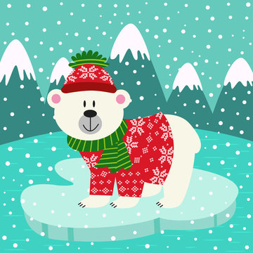polar bear in  knitted sweater and cap on ice floe- vector illustration, eps