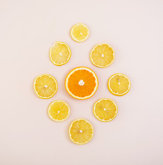 Sliced fruit. Geometric figure of fruits. Top View