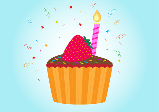 Birthday cupcake, candle  and a strawberry on top
