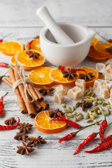 Spicy Christmas background. ingredients for cooking baking. Flat
