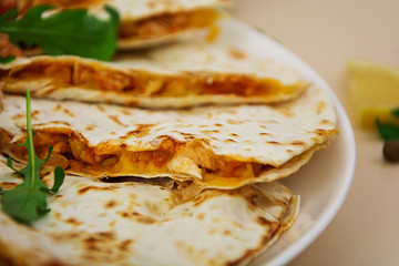 Quesadilla chicken and corn. Close view.