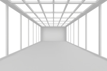 Abstract architecture white room interior with walls and ceiling from window. 3d rendering.