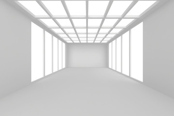 Abstract architecture white room interior with walls and ceiling from window, without any textures, 3d rendering