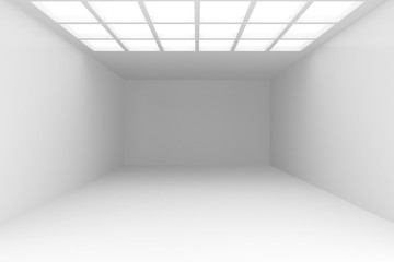 Interior with white wall onto which falls the light from window ceiling. Background illustration 3d rendering