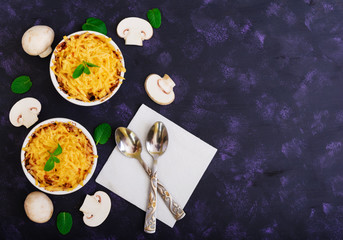 ulienne with chicken and mushrooms. Top view