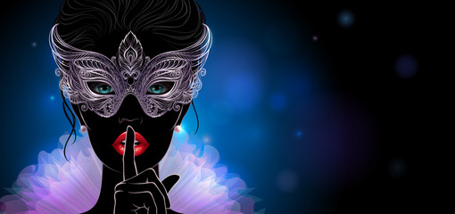 Vector Illustration. A silhouette of mysterious lady in carnival mask, she put a finger on lips in a hush gesture. Beautiful concept design for greeting card, party invitation, banner or flyer.