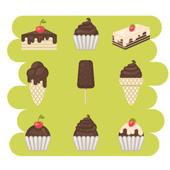 Ice cream and cake set illustration isolated on a background.Desert icon collection.Sweets
