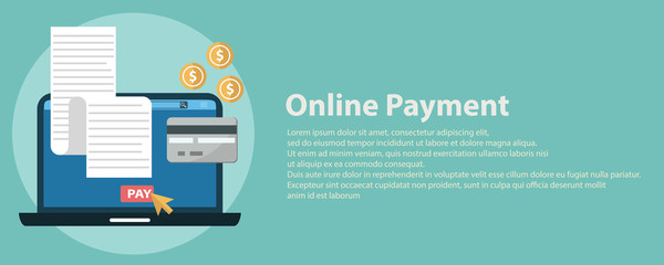 Online digital invoice laptop with bills credit card money coins flat illustration