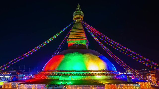 Time-lapse of the renovated Boudhanath stupa lit for its inauguration in Kathmandu, Nepal