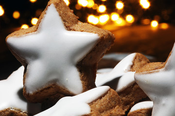 Christmas cookies and decoration on wooden table
