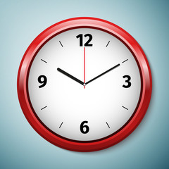 Realistic classic red and white round wall clock icon isolated on blue background. Vector Illustration
