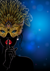 Vector Illustration. A mysterious lady in golden carnival mask with feathers, put a finger on lips in a hush gesture. Beautiful concept design for greeting card, party invitation, banner or flyer.