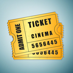 Gold cinema ticket icon isolated on blue background. Vector Illustration