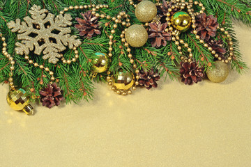 Christmas decorations and spruce branch and cones