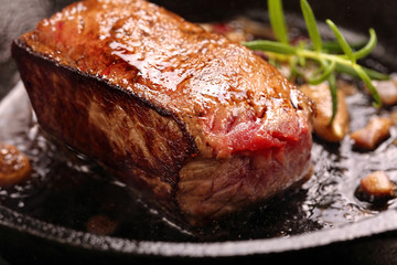 Beef steak on cast iron skillet