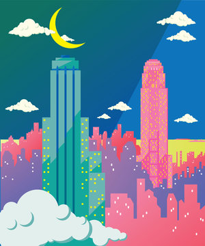 New York flat illustration: the Empire State Building and the skyscrapers of Manhattan skyline under a moon light. Vector colorful image, pastel colors