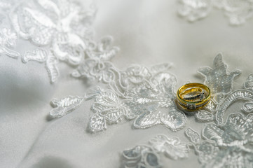 Wedding ring on the bride's dress