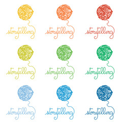 Story-telling concept images: many colorful bundles shaping storytelling lettering. Vector image on withe background.