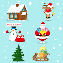 Set of Merry Christmas symbols. Santa Claus, snowman, deer, christmas tree, red bag, gifts box, house, sleigh. Design elements for decoration banner, poster, flyer, greeting card. Cartoon style vector