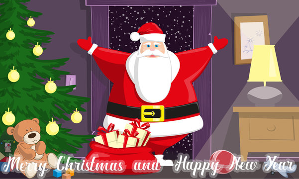 Merry Christmas and Happy New Year background. Cute Santa Claus with bag gift boxes enter inside kids room in door. Concept design holiday poster, banner, flyer, greeting cards. Cartoon style. Vector