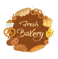 Bakery products frame, flat style. Set of different bread in a round frame template for text, label, emblem. With inscription fresh bread. Vector illustration