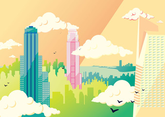 Obraz premium New York flat illustration: the Empire State Building and the skyscrapers of Manhattan skyline. Vector colorful image, pastel colors
