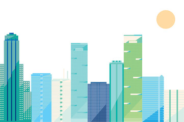 City design collection: many colorful skyscrapers isolated on white background, Vector illustration, flat design, green, blue, and violet icons