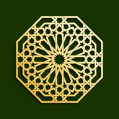 Islamic golden geometric pattern. Vector muslim mosaic, persian motif. Oriental ornaments, traditional arabic art. Mosque decoration element. 3D mandala for brochures, invitations, greeting cards.
