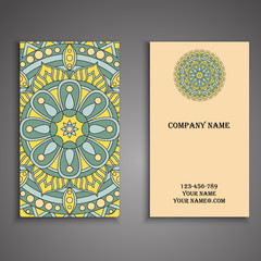 Vector business card. Floral mandala pattern and ornaments. Orie