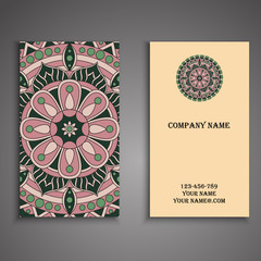 Vector business card. Floral mandala pattern and ornaments. Orie