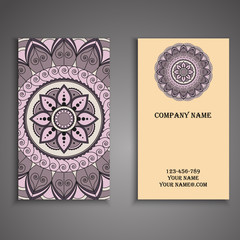 Vector business card. Floral mandala pattern and ornaments. Orie