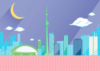 Obraz premium Toronto skyline by night, flat vector illustration. On the seaside, some of the tallest skyscrapers in the Canadian city: CN tower, first Canadian Place, the skydome. Half shaped moon and violet sky
