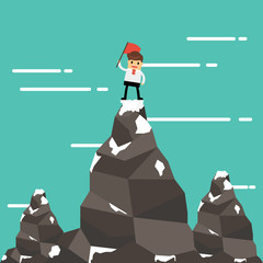 Businessman on a Mountain peak, success and mission. Flat style.