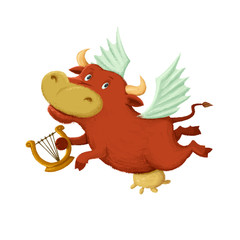 flying winged cow with a harp, illustration on a white background