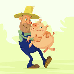 cheerful farmer hugs pig and he is glad that she is well gaining weight