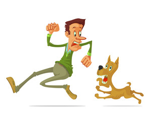frightened man run away from angry dog, cartoon