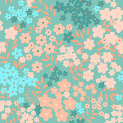 Flowers and leaves in pink and turquoise. Seamless vector pattern.