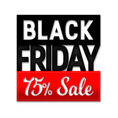 Black friday sale design template. Vector banner illustration, advertising. Red tag 75% sale.